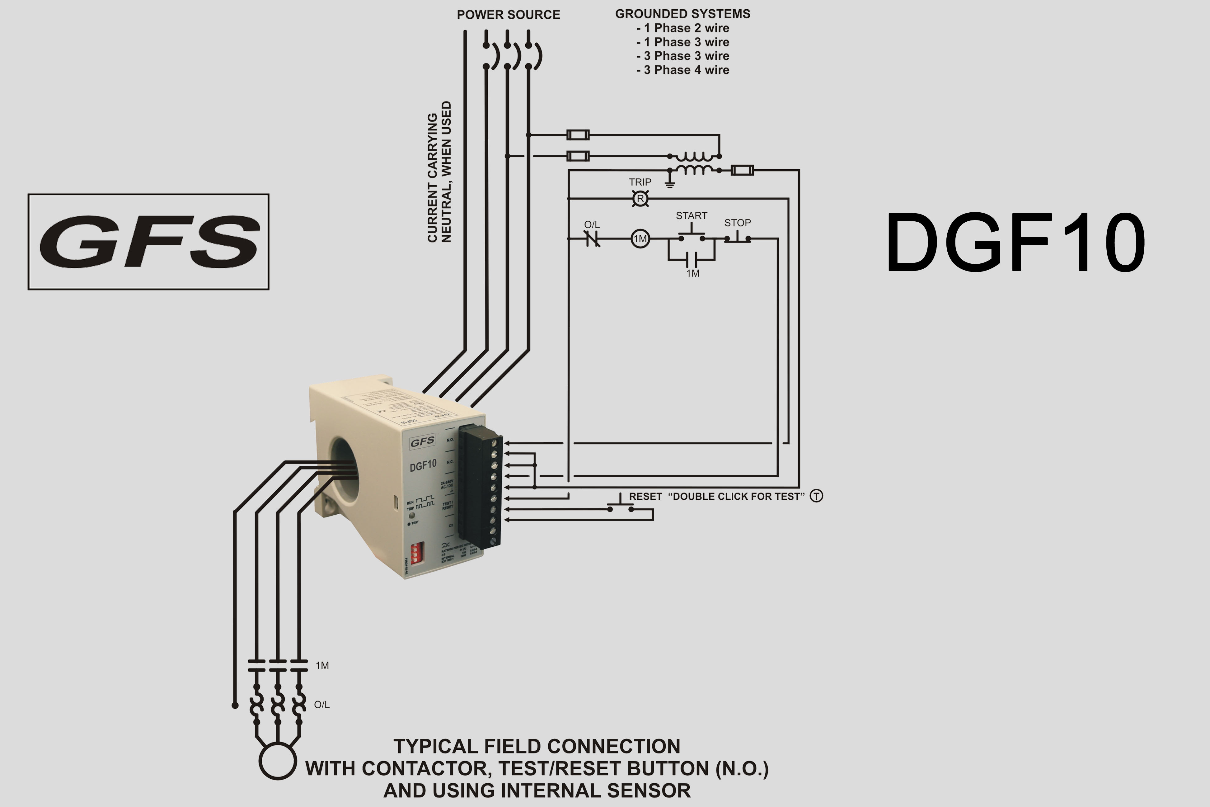 Ground Fault Relay DGF10 typical field connection using internal sensor