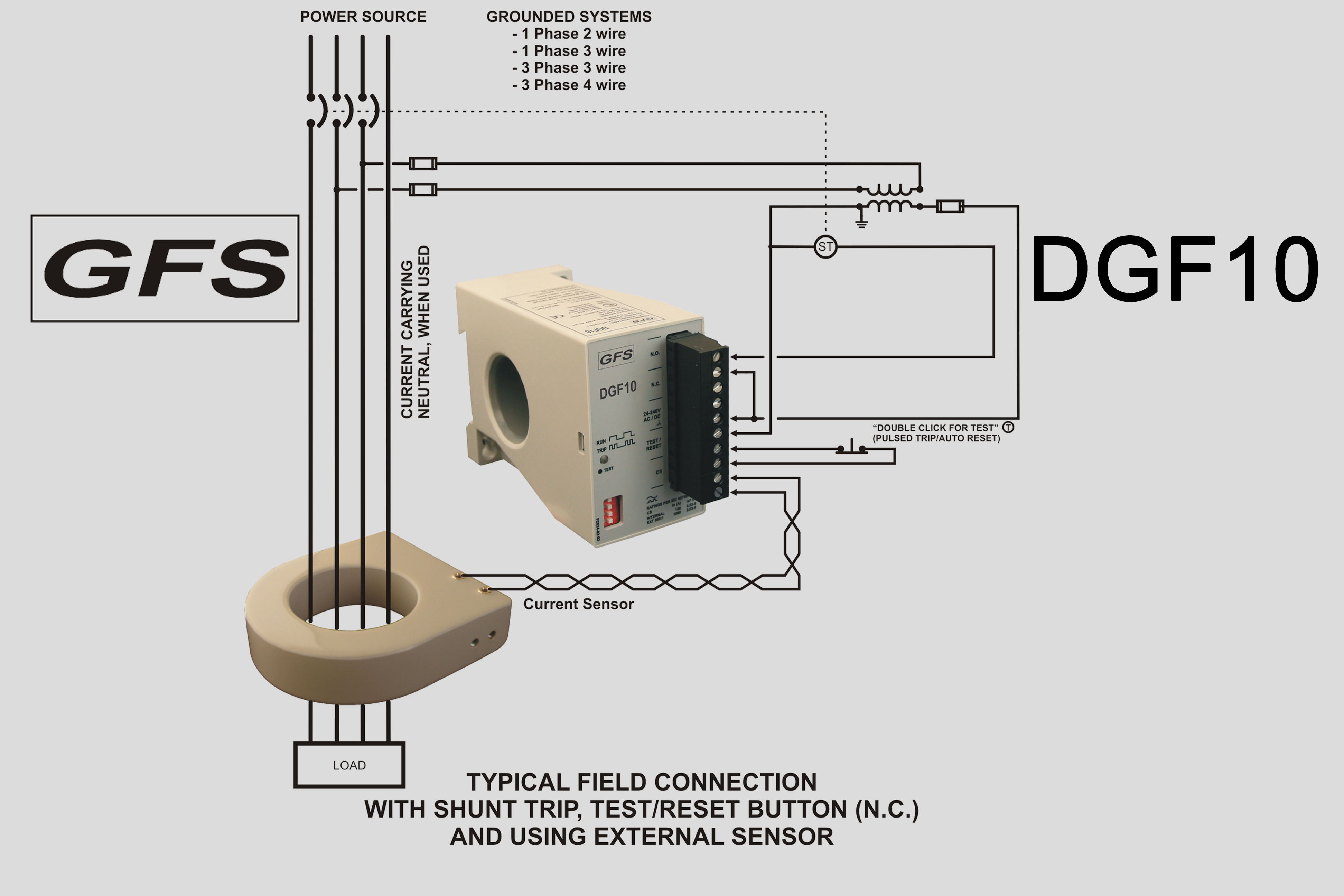 Ground Fault Relay DGF10 typical field connection using external sensor