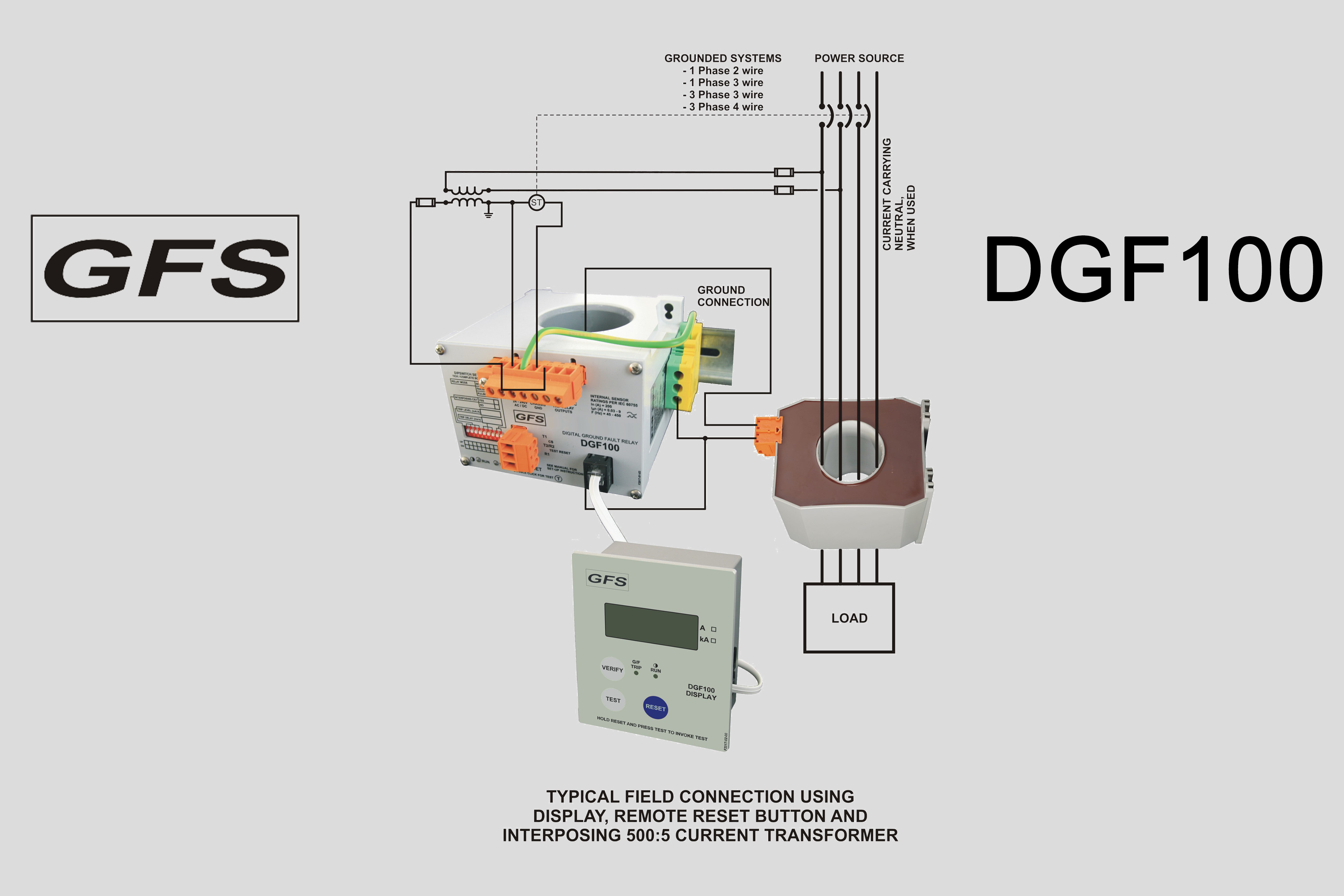 Ground Fault Relay DGF100 typical field connection using interposing current transformer