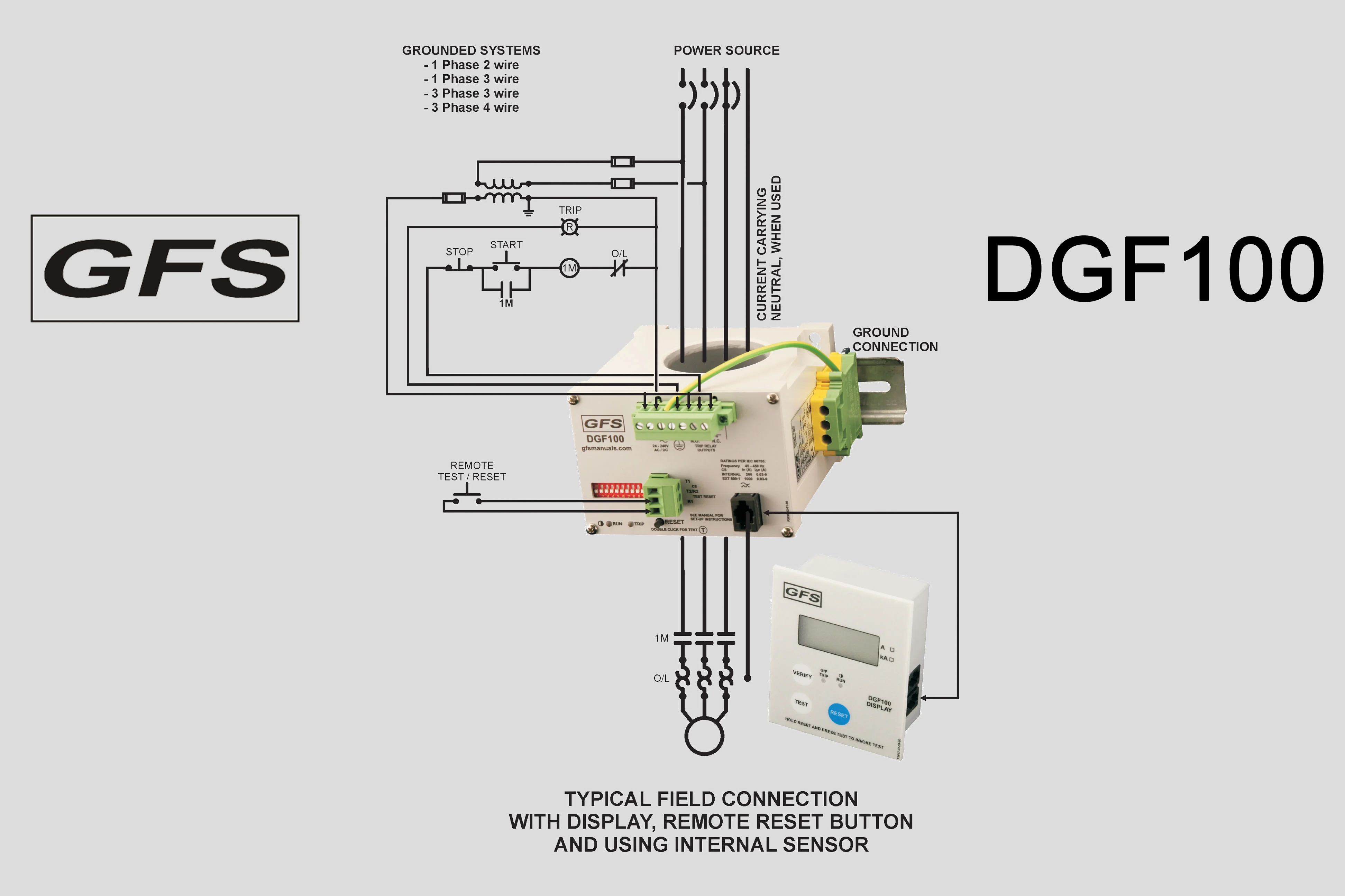 Ground Fault Relay DGF100 typical field connection using internal sensor