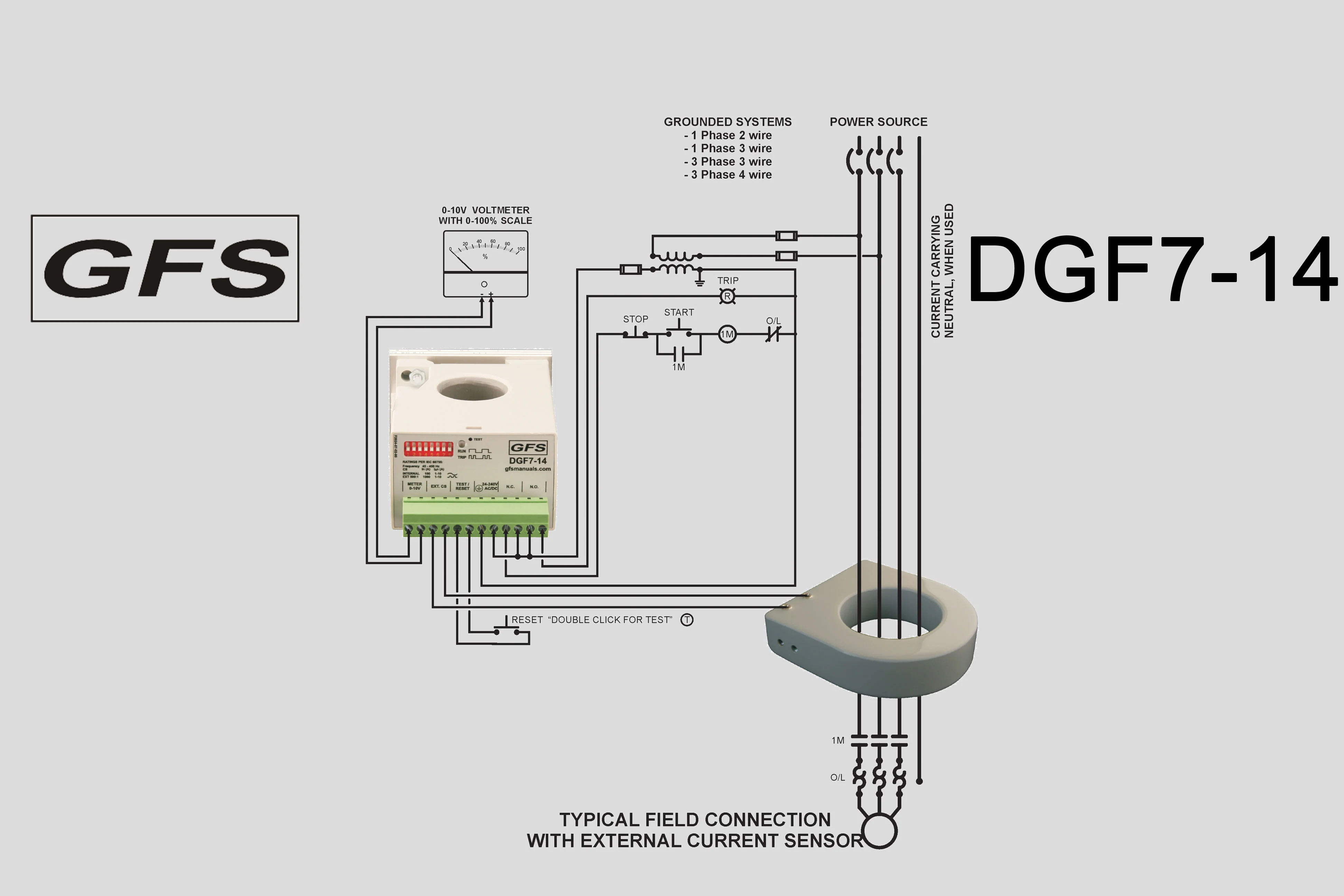 Ground Fault Relay DGF7-14 typical field connection using external sensor