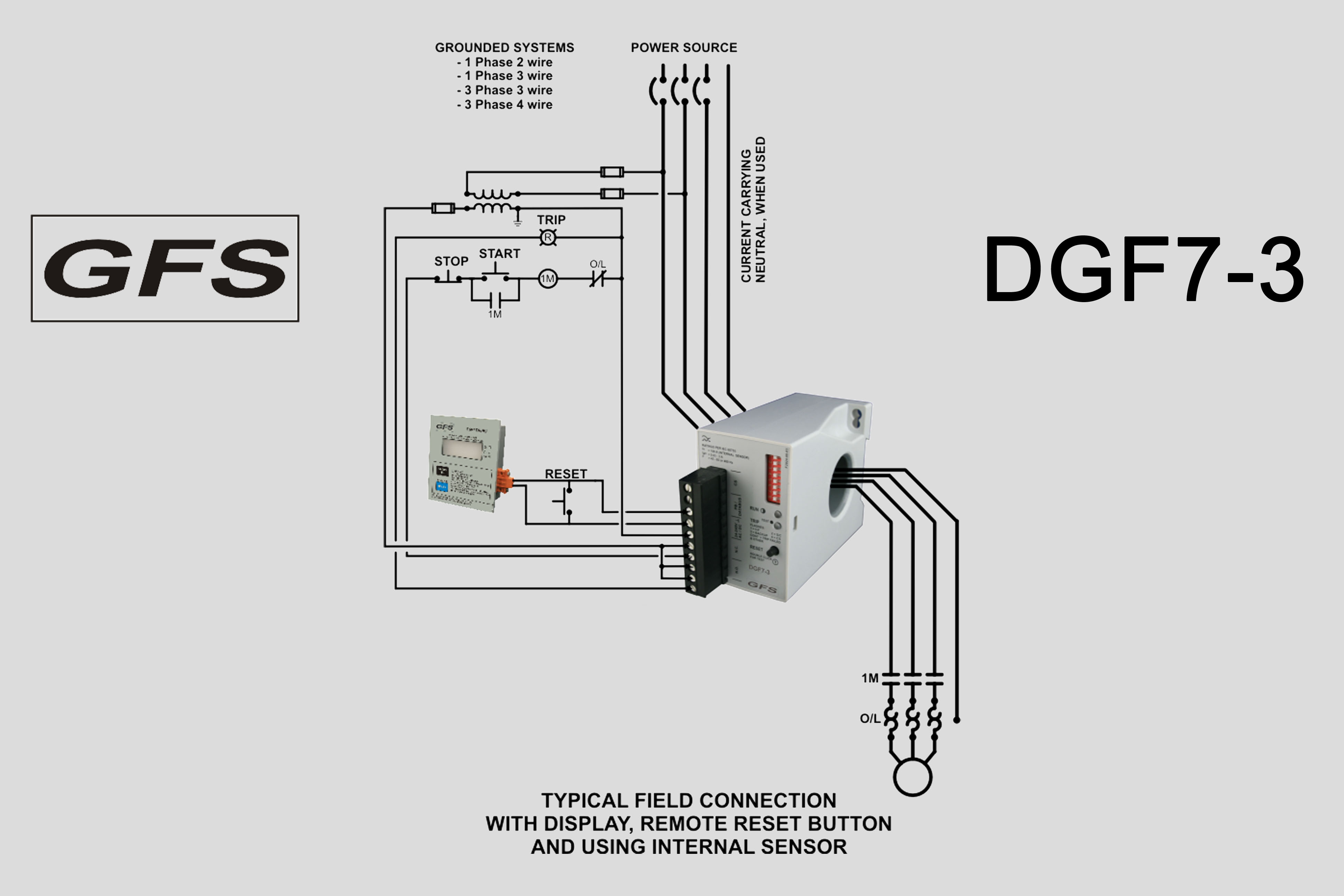 Ground Fault Relay DGF7-3 typical field connection using internal sensor