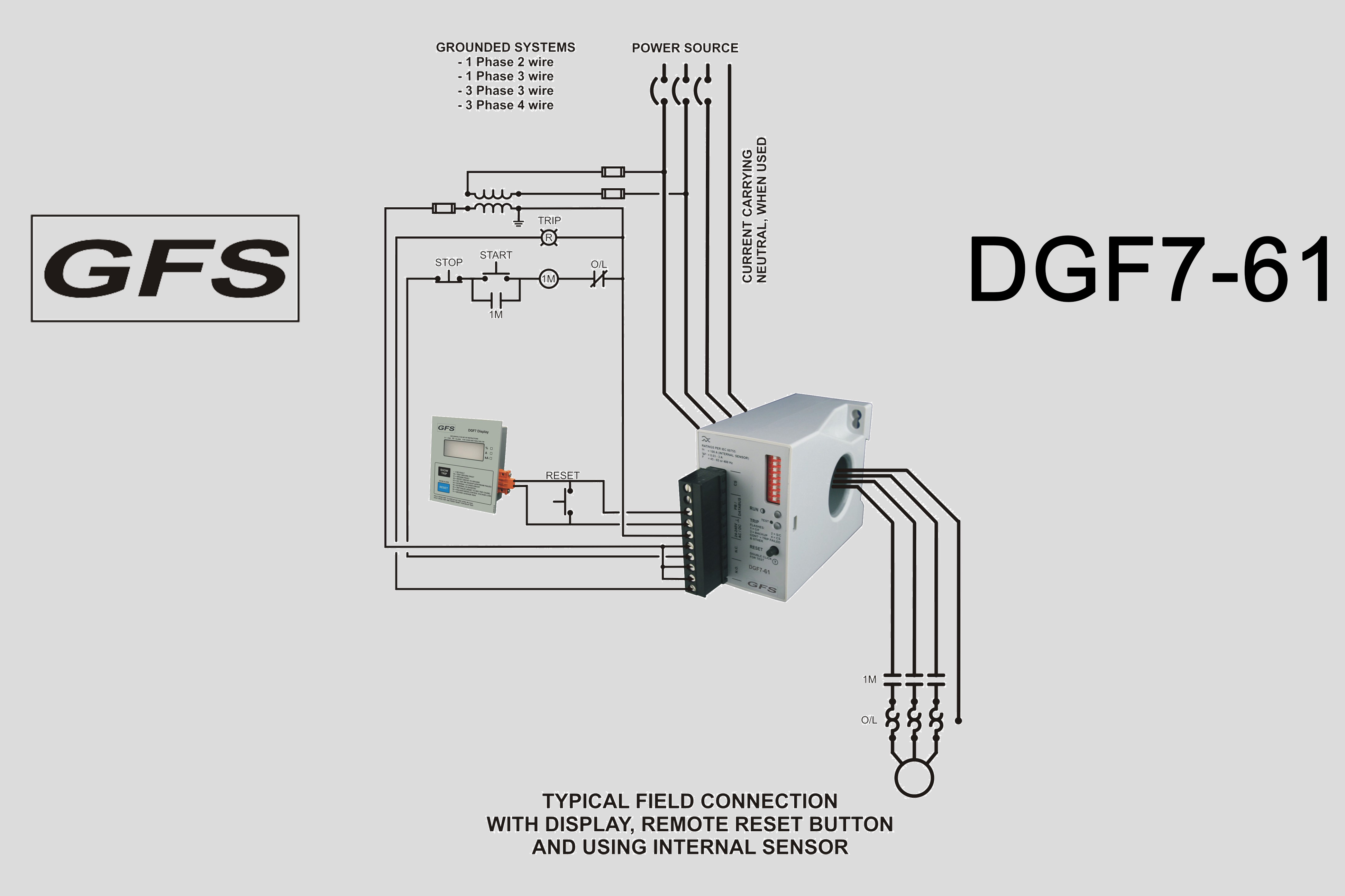 Ground Fault Relay DGF7-61 typical field connection using internal sensor